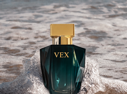 Ocean Lume bottle standing in sea foam at golden hour