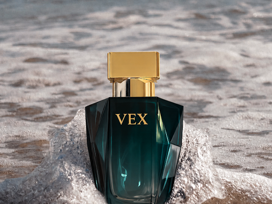 Ocean Lume bottle standing in sea foam at golden hour